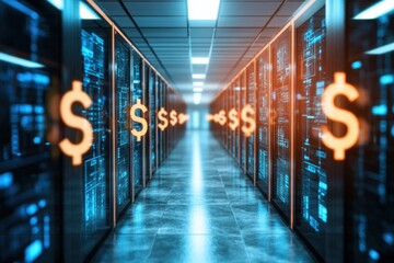 Digital Data Center with Money Symbols Representing Financial Growth