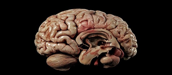 Human brain, lateral view, black background, medical illustration