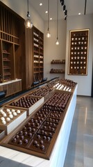 A gourmet chocolate shop with truffles neatly arranged on trays. pic