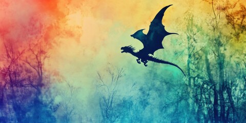 Fototapeta premium A Majestic Dragon Soaring Through a Beautiful and Colorful Sky Full of Clouds and Light
