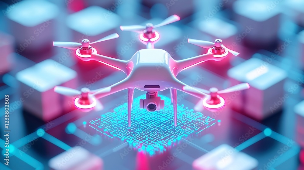 Poster drones delivering packages, autonomous flight paths illuminated on a digital screen, showcasing inno