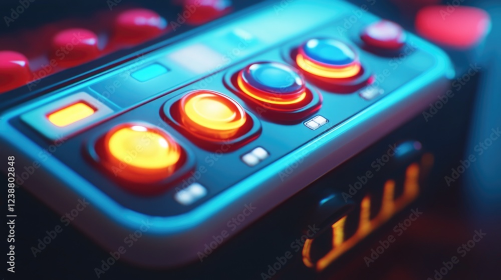Poster Close-up of a control panel on a table with various buttons and displays