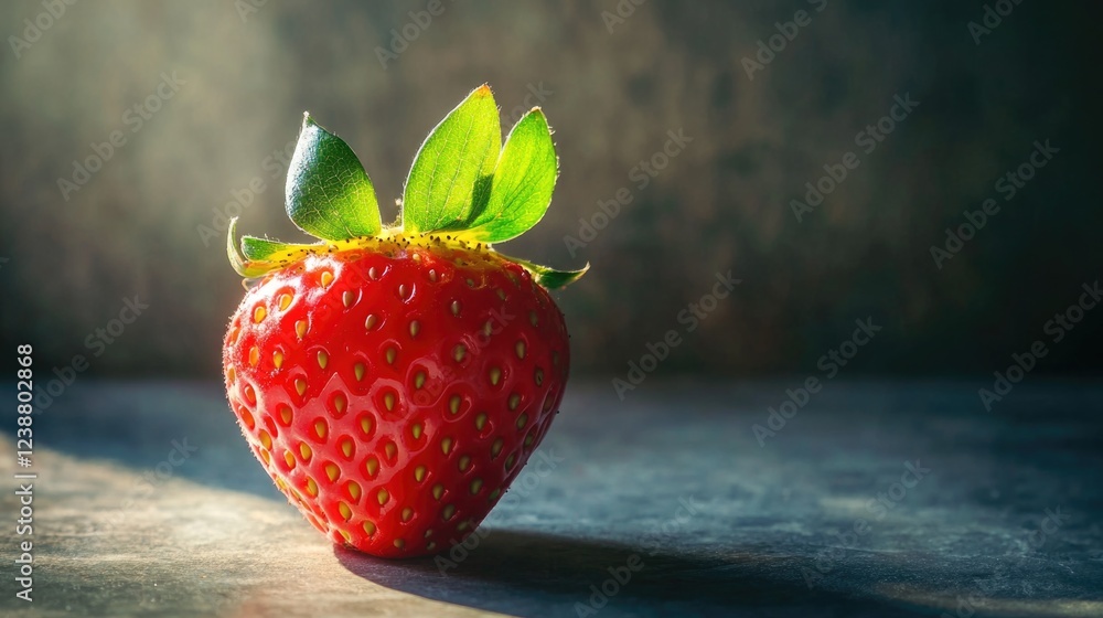 Poster a single strawberry sits on a table in this close-up shot