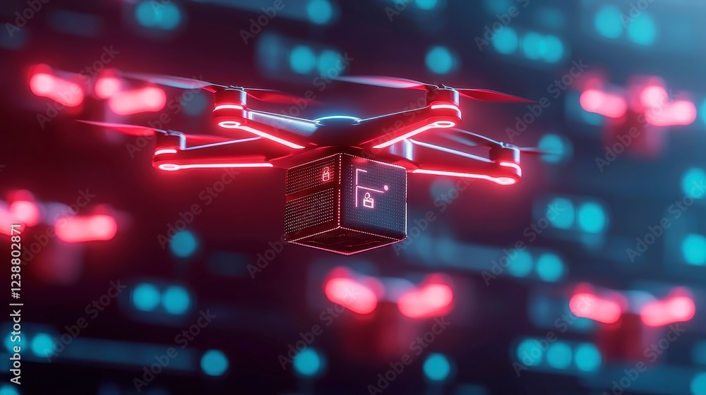 Poster drones in action, showcasing autonomous flight paths as they deliver packages, illuminating a digita