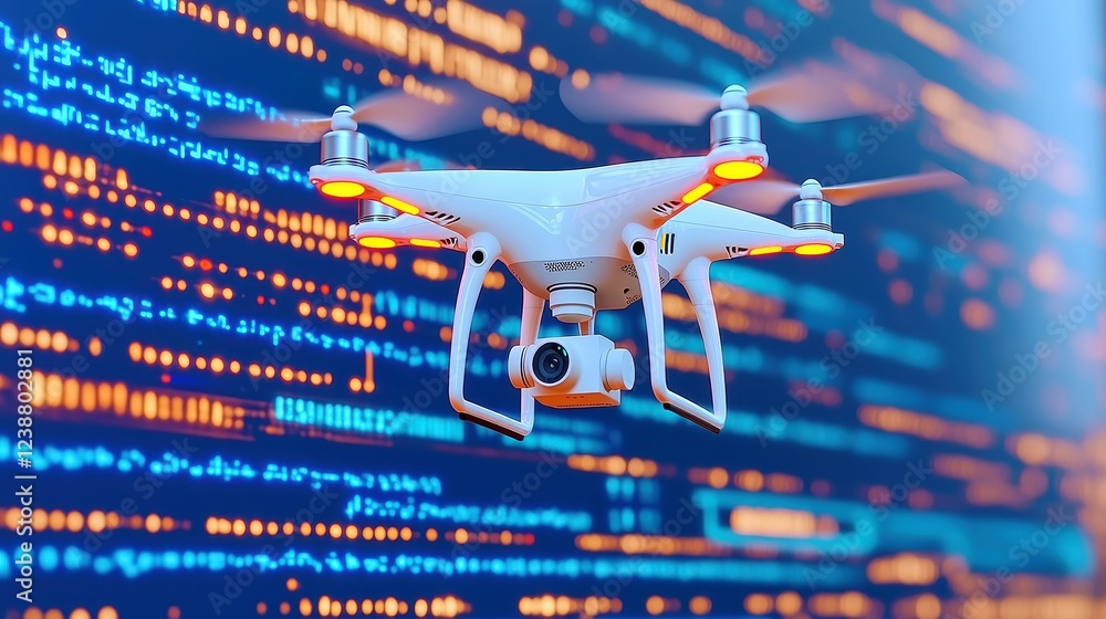 Poster drones in action, autonomous drones delivering packages with illuminated flight paths, showcasing in