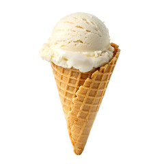 A scoop of vanilla ice cream in a waffle cone on a transparent background
