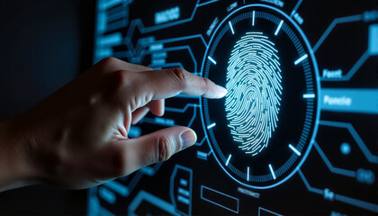 Hand accessing fingerprint scanner on a digital interface for blogs, websites, tech articles, security awareness, educational content, and digital identity presentations