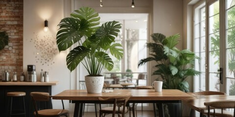 Stylish coffee shop interior with white spotted monstera tree as centerpiece, trendy, interior, coffee shop, air purification, centerpiece