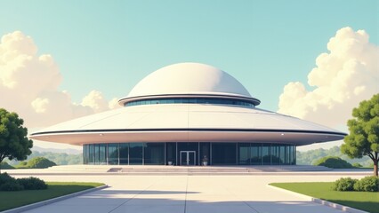 Obraz premium Modern architectural design showcases a sleek round structure under blue skies