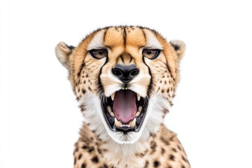 Obraz premium A cheetah with its mouth open, revealing its sharp teeth
