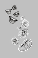 Creative collage photo design lips mouth talking information falling pink fresh hear ear listen...