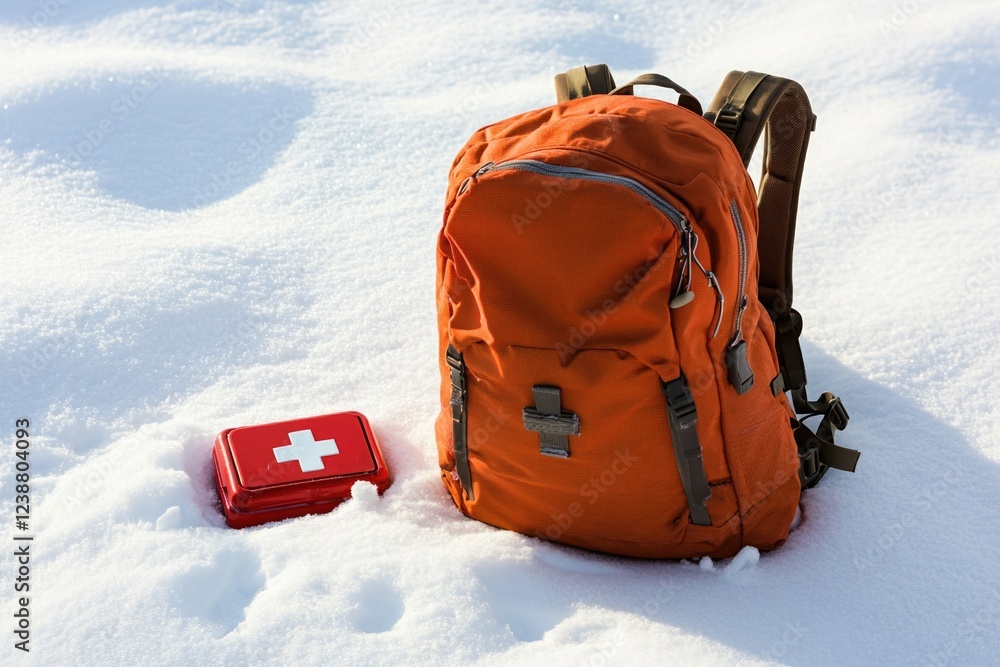 Poster A bright orange backpack and first aid kit sit together in the snowy landscape, perfect for outdoor adventures or winter scenes