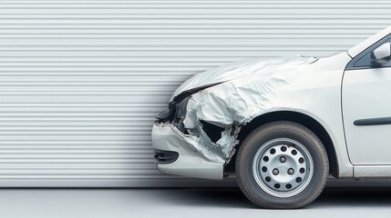 Damaged white car parked against a gray wall, showcasing a crumpled front end and the consequences of an accident.