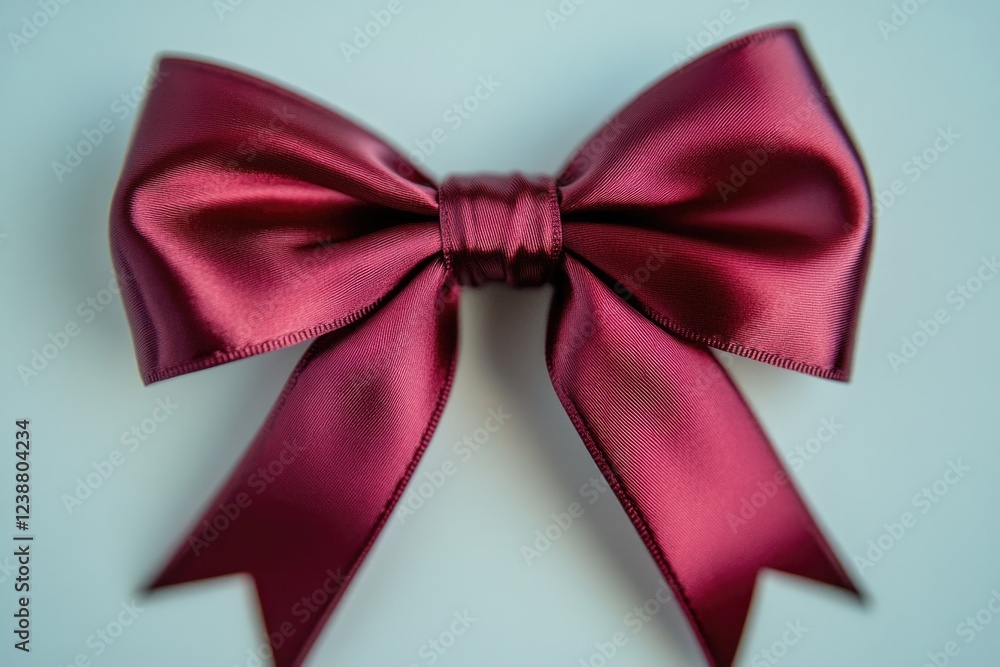 Poster a close-up shot of a bright red bow on a clean white surface, perfect for highlighting details or ad