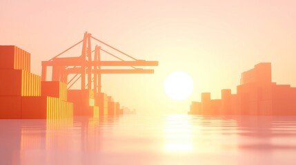 Obraz premium Harbor Cranes at Sunset, towering machines lifting shipping containers, golden hues reflecting on the water, a vibrant scene of global trade in motion.