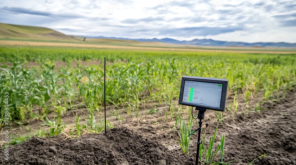 Poster detailed image of soil sensors in a farm field, with real-time moisture levels displayed on a digita