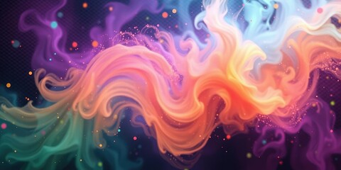 Swirling particles in vibrant hues intersect with a mesh background, creating an otherworldly atmosphere, abstract design, geometric shapes, particle effects