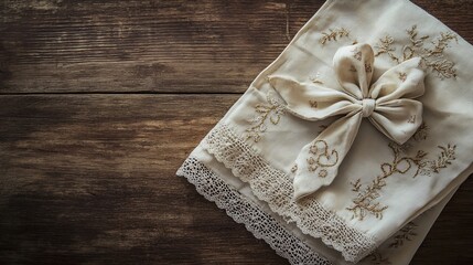 A hand-embroidered tablecloth tied with a decorative bow, resting on a wooden surface.