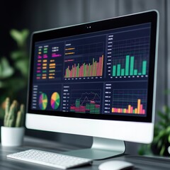 Modern computer displaying data analytics with colorful graphs and charts for business insights and performance evaluation.