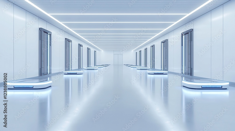 Poster futuristic cargo hub, advanced design featuring robotic arms efficiently sorting shipments, sleek an
