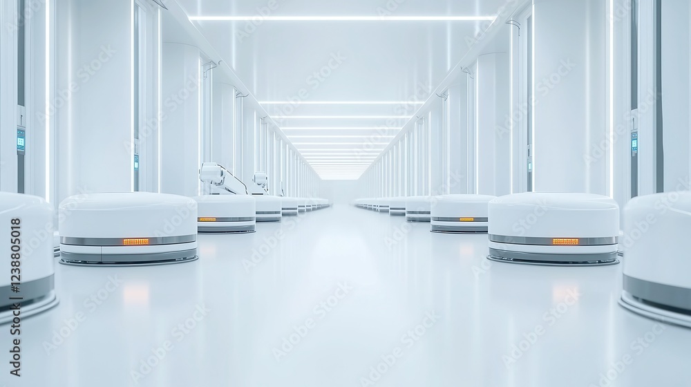 Poster futuristic cargo hub, advanced design featuring robotic arms efficiently sorting shipments, streamli