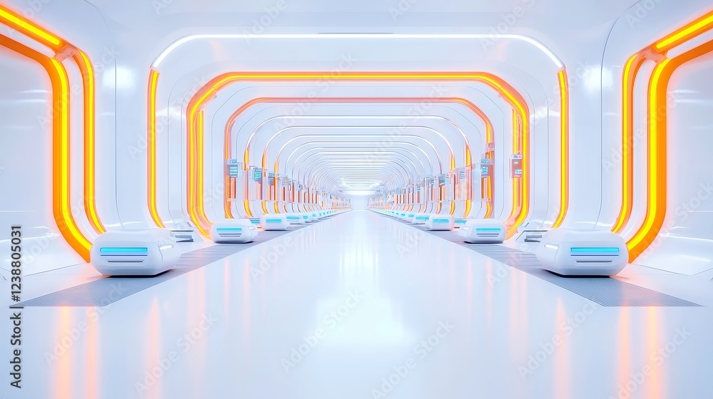 Poster futuristic cargo hub, advanced design featuring robotic arms rapidly sorting shipments, sleek minima