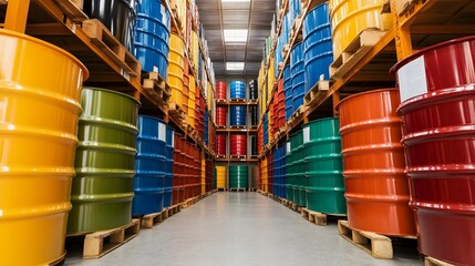 Colorful Barrels of Lubricants Stored in an Industrial Warehouse Setting