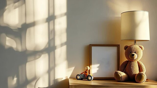 A charming space features a teddy bear, a toy car, and a soft lamp casting warm shadows on the wall, creating a cozy atmosphere