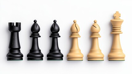 Chess Pieces on White Background with Rook, Pawn, Bishop, Knight, Queen, King Displayed