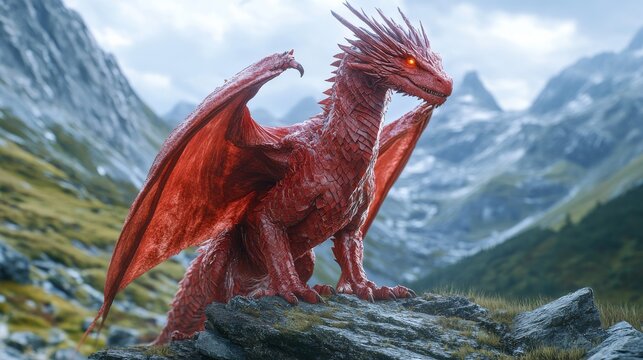 Red Welsh dragon with sharp and majestic wings spreads wide against a misty mountains. St Davids Day