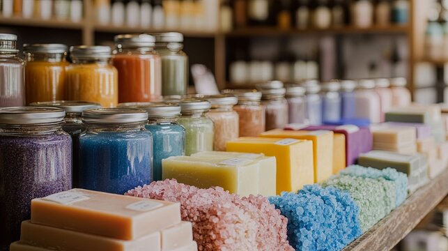 A handmade soap shop with colorful bars and glass jars of bath salts.