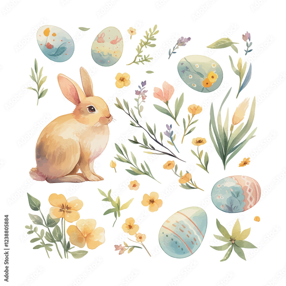 Poster easter a rabbit is sitting in a field of flowers and eggs. the rabbit is the main focus of the image