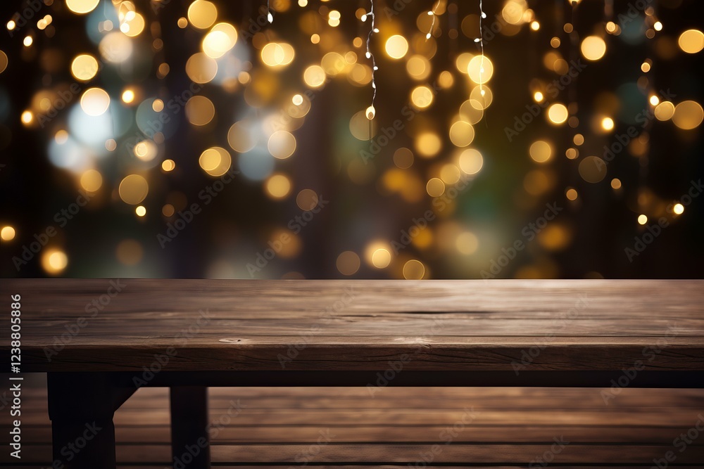 Poster empty wooden table top with sparkling festive golden bokeh background is perfect for displaying prod