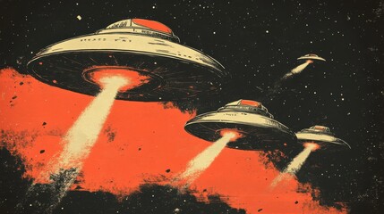 Retro futuristic ufos in space with red light beams and starry sky backdrop