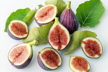 A group of fresh figs arranged on a white table, ready for consumption or decoration
