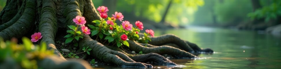 Obraz premium Tiny pink flowers blooming on the roots of an ancient tree near a river, blooms, blossoms