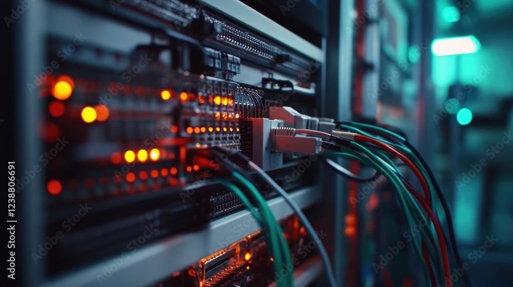 Poster close up of a server rack with blinking lights and cables, representing the complex processes of dat
