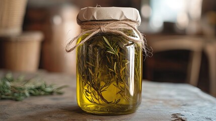 A jar of herb-infused olive oil with a twine bow and custom label. pic