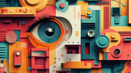 Colorful abstract geometric art with eye motif and 3d patterns