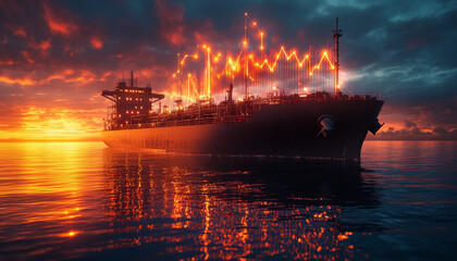 Obraz premium tanker ship at sunrise with glowing profit arrows reflecting