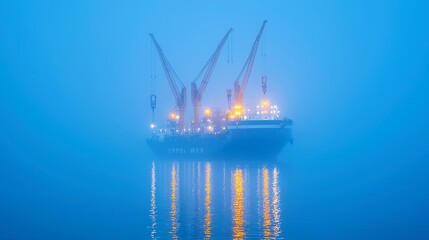 Nighttime Shipbuilding Yard, cranes towering over a cargo vessel assembly, illuminated by bright floodlights, showcasing industrial strength and precision in a minimalist setting