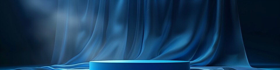 stage showcase with blue podium and curtain background perfect for product display