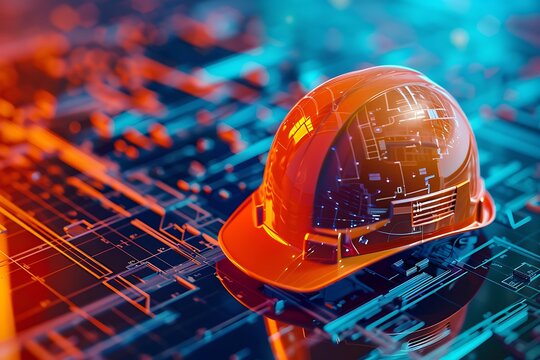 Digital Construction Safety Helmet on Abstract Tech Background