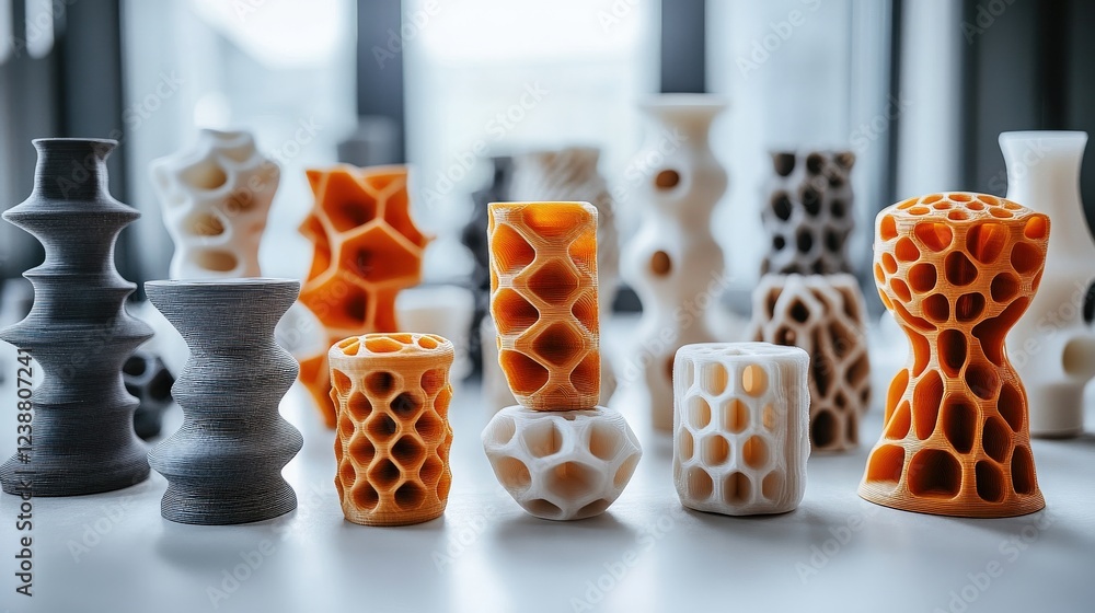 Poster collection of uniquely designed vases in various colors and shapes displayed on a table indoors