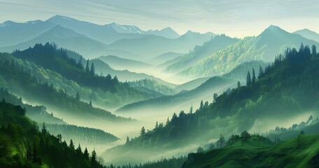 Fototapeta premium A view of the green mountains with a background of hazy skies, Generative AI.