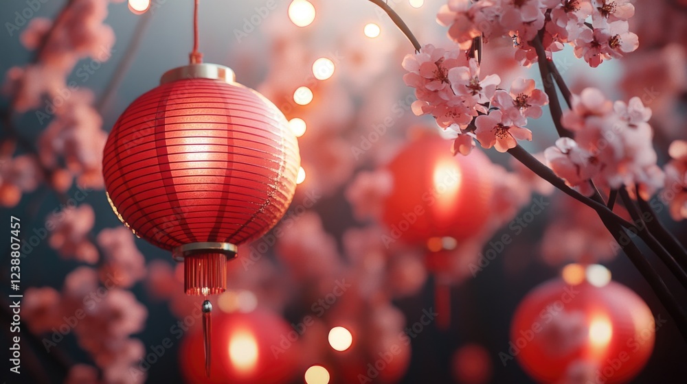 Poster a collection of red lanterns hangs from a tree branch, creating a warm and cozy atmosphere