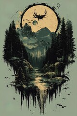 Fototapeta premium A stunning artistic representation of a serene forest landscape featuring towering trees, rugged mountains, a winding river, and a cascading waterfall. The background showcases a large circular motif 