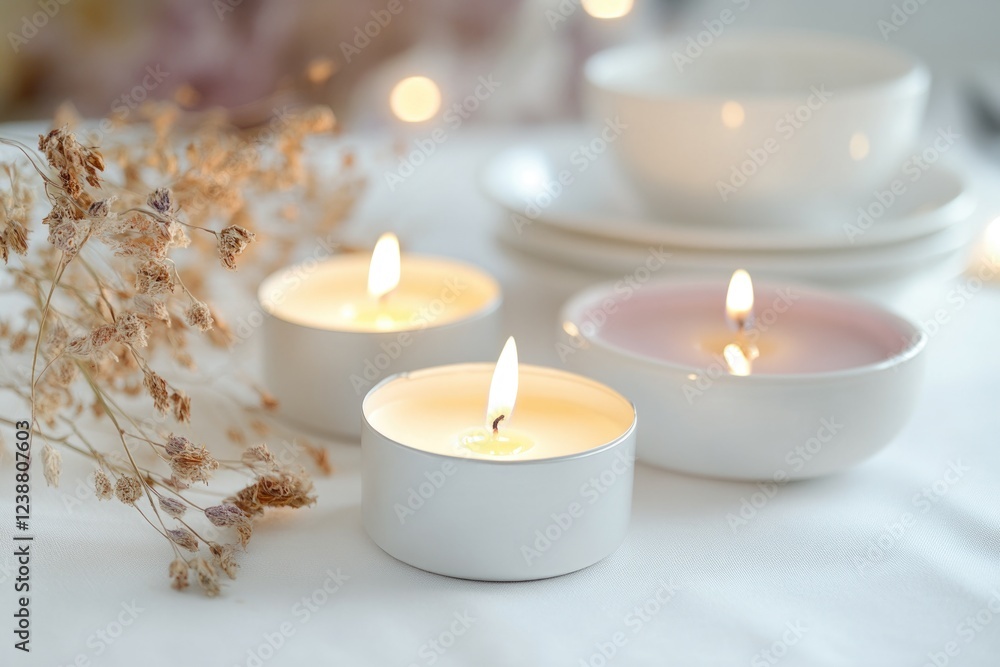 Poster Informative image of table setting with white dishes and candles, suitable for editorial use in food or interior design contexts