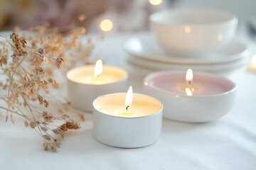 Informative image of table setting with white dishes and candles, suitable for editorial use in food or interior design contexts