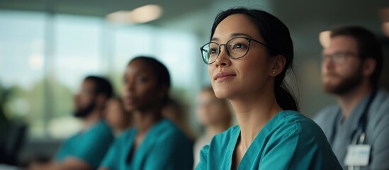 Obraz premium Attentive nurse listens during hospital training; colleagues in background